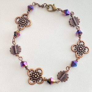 Copper Tone Wire Wrapped Metal Flower Bracelet with AB Sparkling Beads